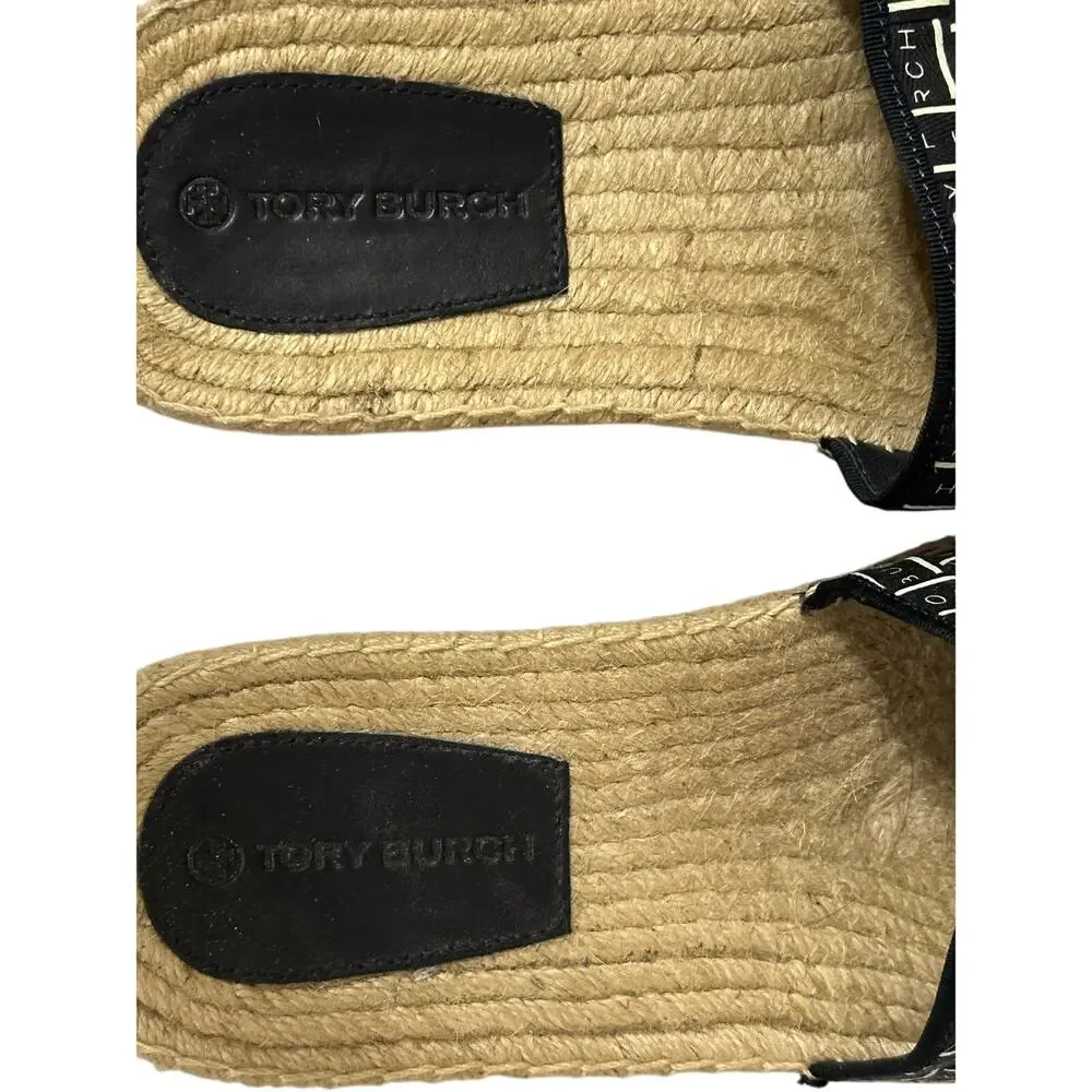 Tory Burch Logo Perfect Navy & White Ribbon Espadrille Herringbone New